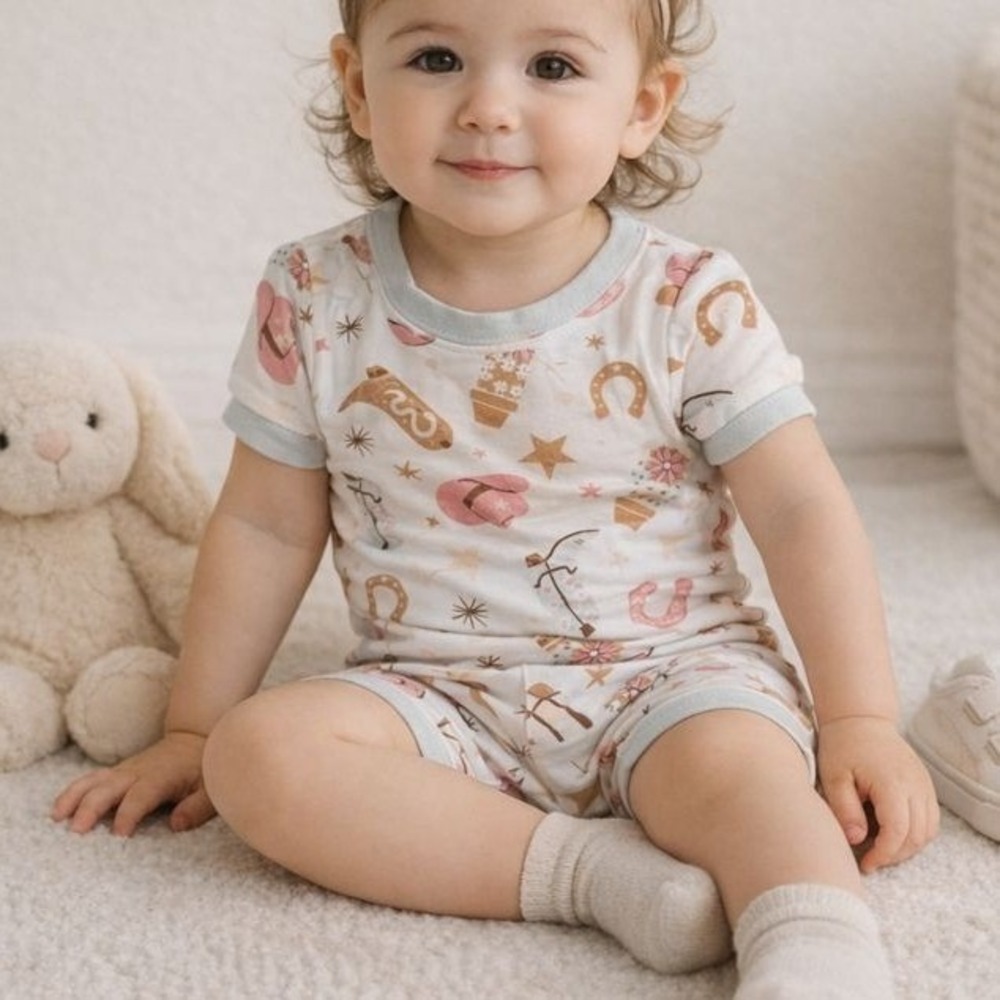 Tres Beau et Belle Girls 24M‎ Bamboo Short Pajama Set Western Cowboy Boot Pink